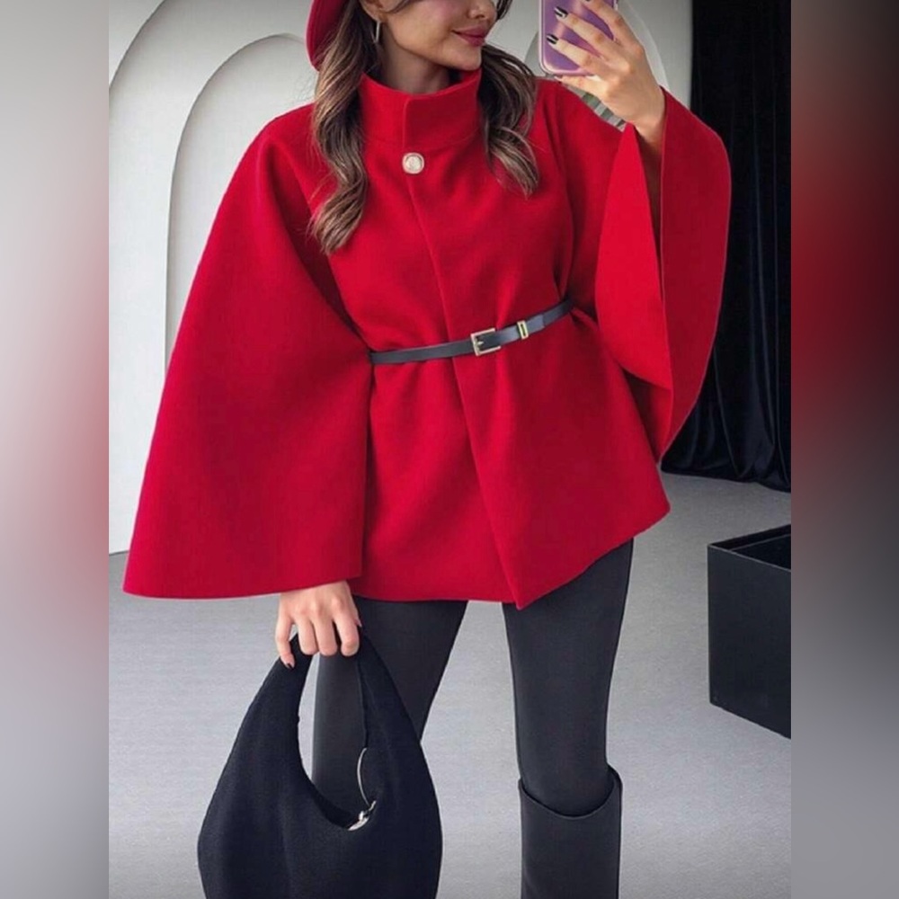 Women's Cape Poncho Wool Blend Stand Collar Loose Poncho Coat With Belt Size M